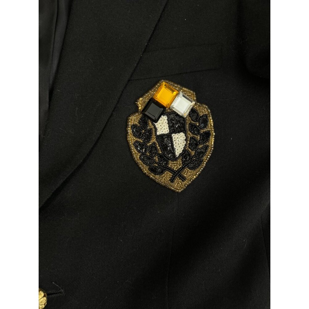 Over Qualified Blazer Womens 8 Embellished Crest Gold Braid Black Wool - Picture 8 of 11